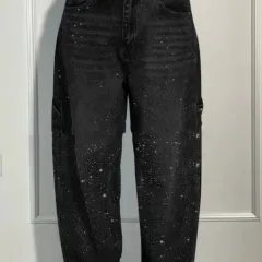 Ins Shiny Straight Jeans With Pockets Fashion Loose Wide-leg Pants For Women Street-style Trousers - Black - View 1