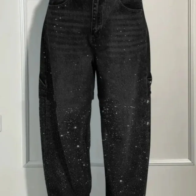 Ins Shiny Straight Jeans With Pockets Fashion Loose Wide leg Pants For Women Street style Trousers Black - Shop at LoveMi