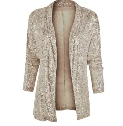 Sequined Long Sleeve Elegant Small Blazer - Champagne - View 1