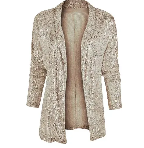 Sequined Long Sleeve Elegant Small Blazer Champagne L - Shop at LoveMi