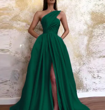 Sexy Slit Slanted Shoulder Dress Long Skirt Evening Dress Green - Shop at LoveMi