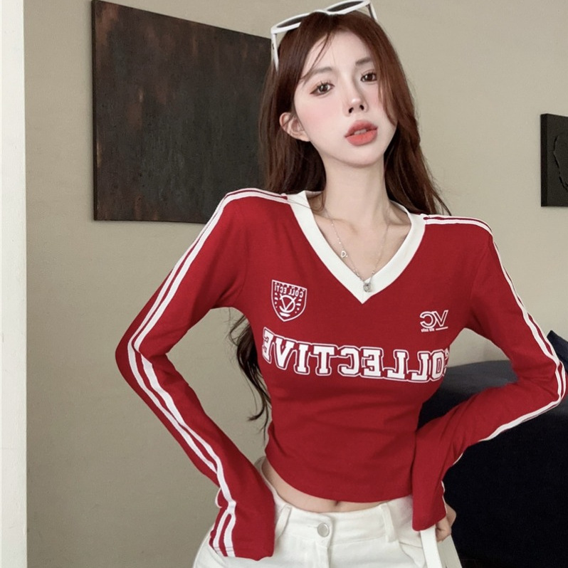 Women's Threaded Cotton V-neck Letter Printed Bottoming Shirt