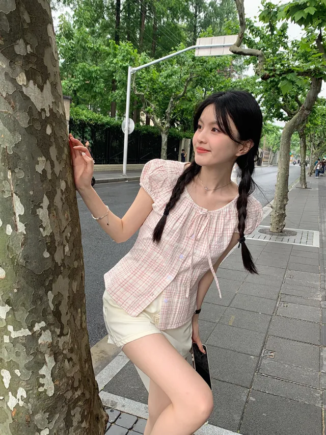 Lace up Bow Puff Sleeve Retro Plaid Shirt Pink - Shop at LoveMi