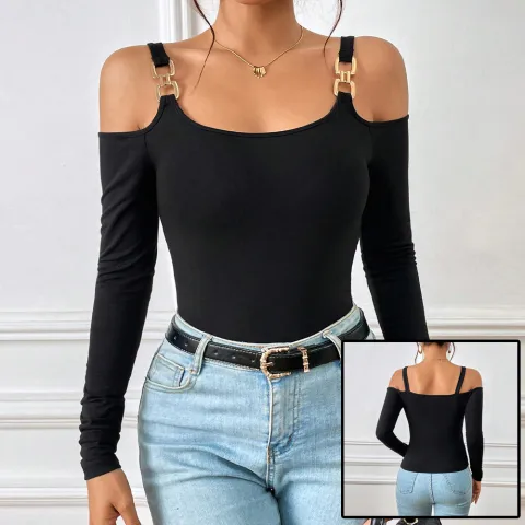 Women's Spring and Summer Fashion Simple Suspender Off-Shoulder Metal