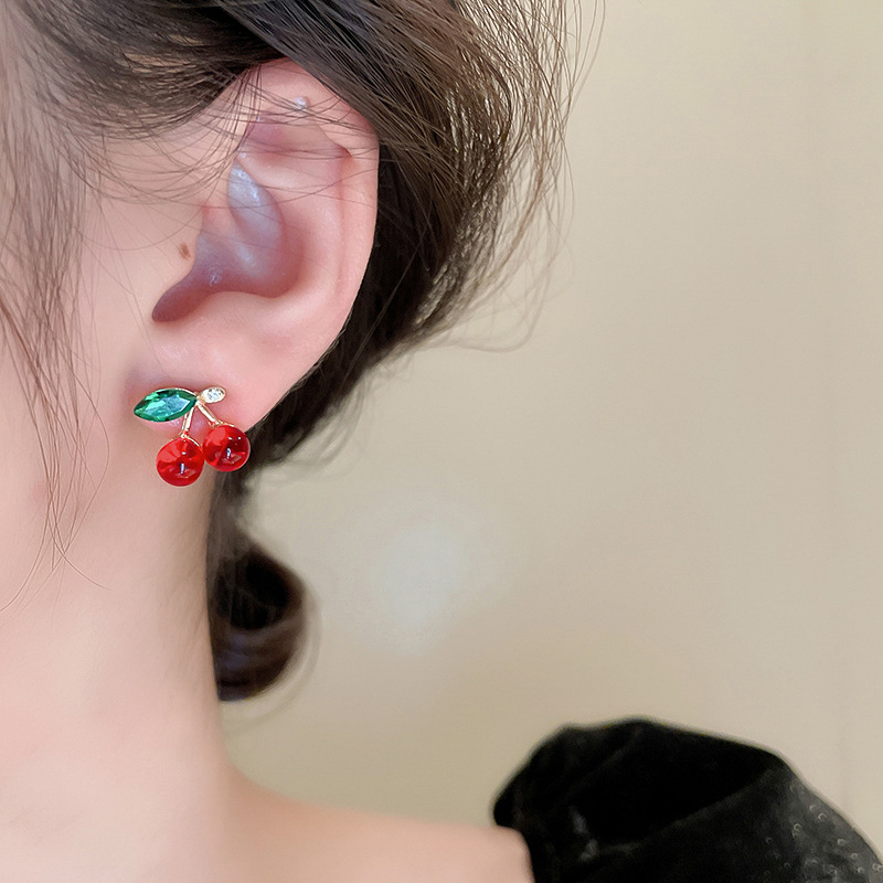 Design Sense Silver Stud Rhinestone-encrusted Colored Glaze Cherry-shaped Earrings