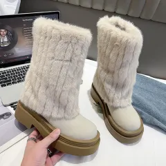 Winter Long Women's Fur Snow Boots - Beige - View 1