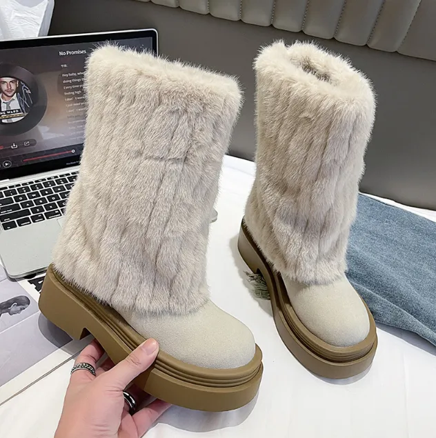 Winter Long Women's Fur Snow Boots Beige - Shop at LoveMi