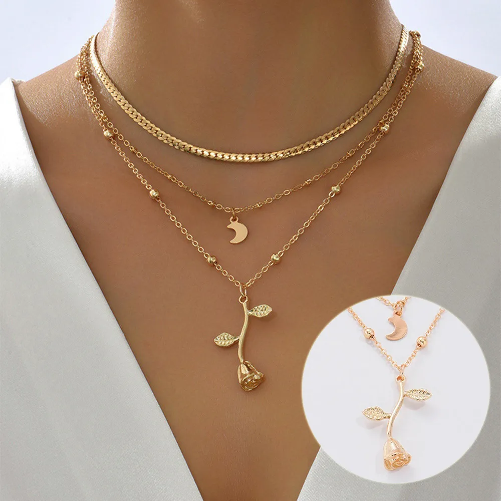 Bohemia Multilayer Moon Gold Color Pendant Necklaces for Women