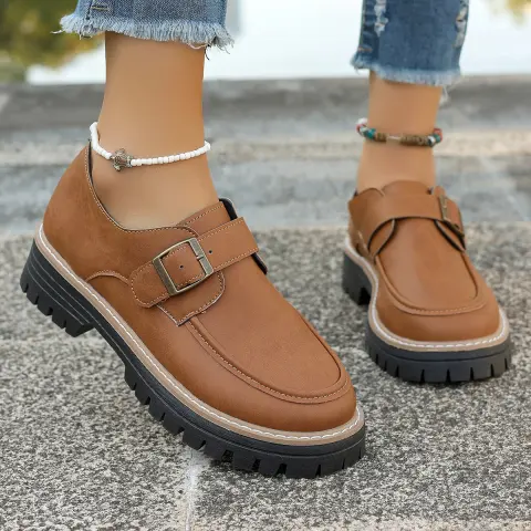 Fashion Buckle Loafers for Women British Style Height-increasing Thick-soled