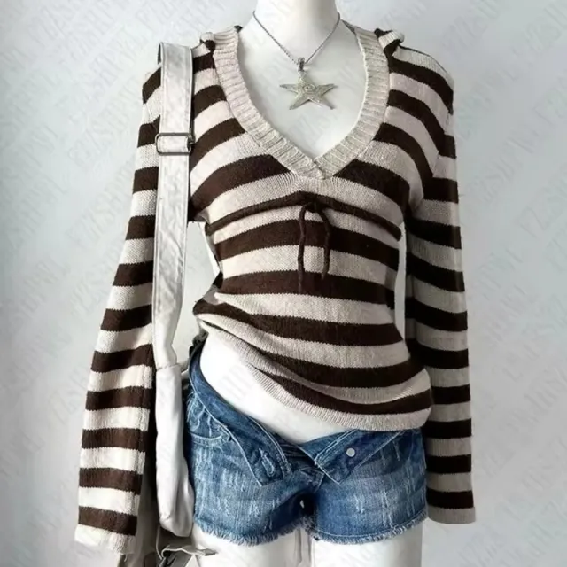 Women's V neck Stripes Pullover Sweater White - Shop at LoveMi
