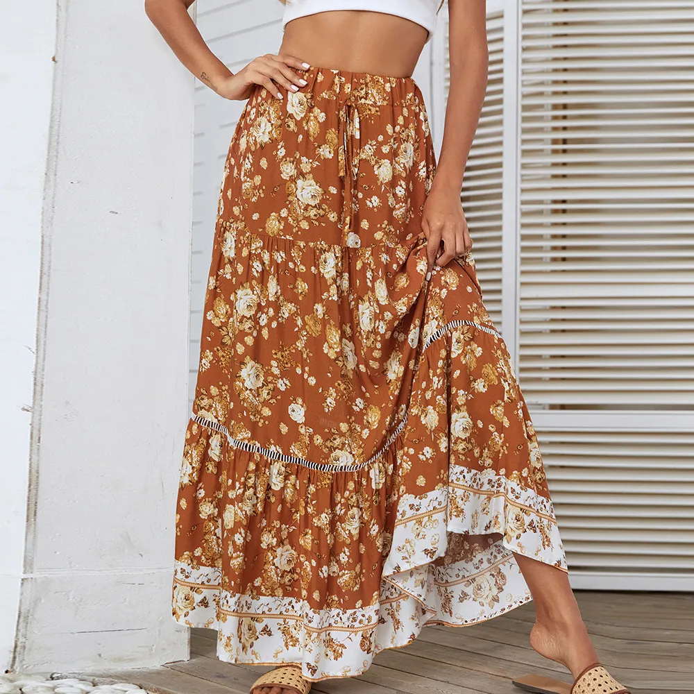 Lace-paneled Maxi Dress Rayon Positioned Floral Bohemian - Turmeric