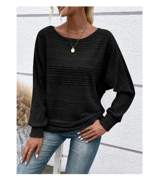 Solid Striped Batwing Sleeves T shirt Fashion Casual Pullover Round Neck Long Sleeve Top Spring And Autumn Women's Clothing Black - Shop at LoveMi