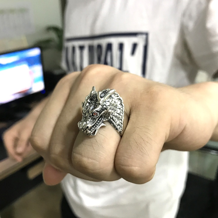 S925 Sterling Silver Ornament Domineering Dragon Head Vintage Thai Silver Ring