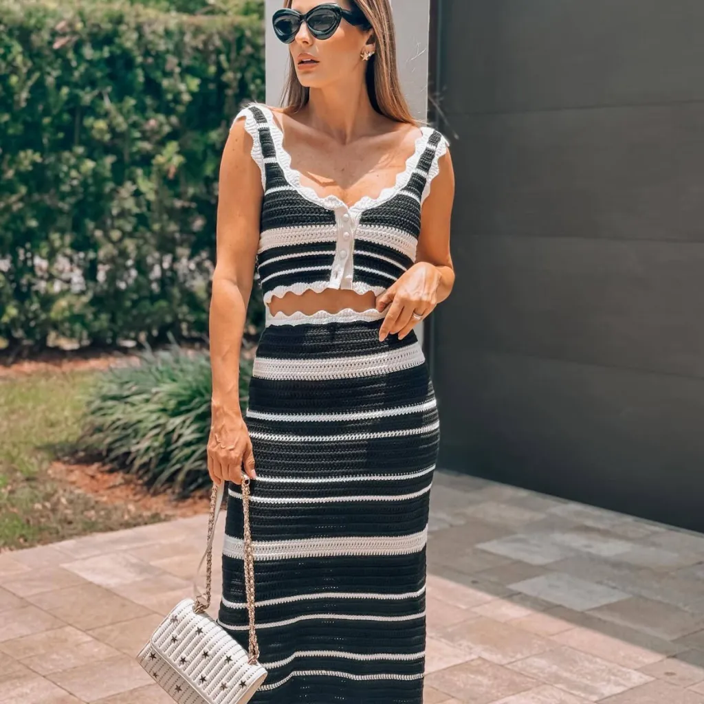 Striped Casual Vest Top Beach Contrast Skirt Knitting Suit - Black