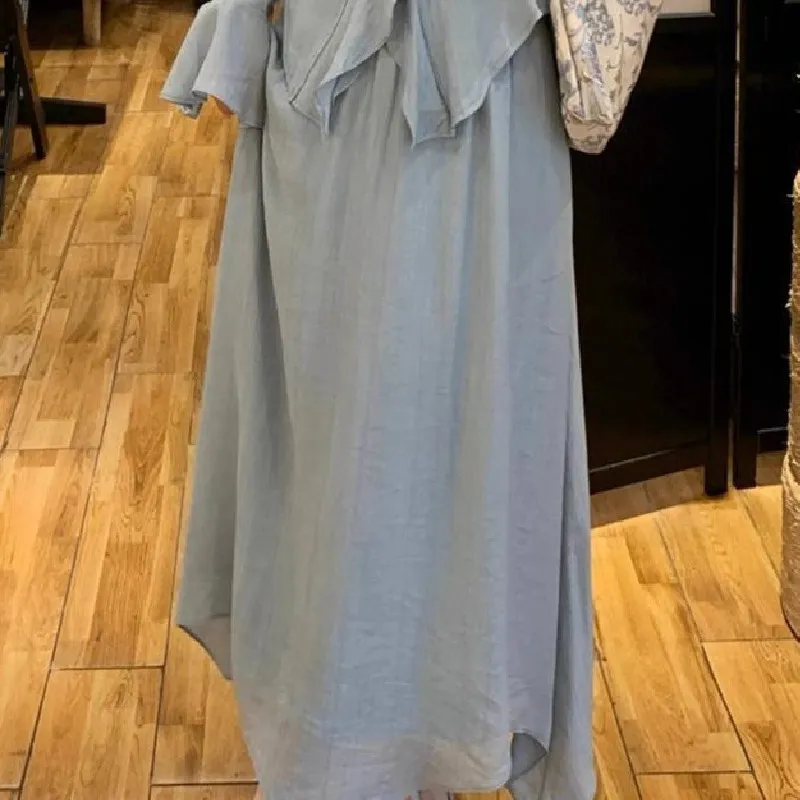 French Vintage Ruffled Long Sleeve Shirt Outfit - Water Green Skirt
