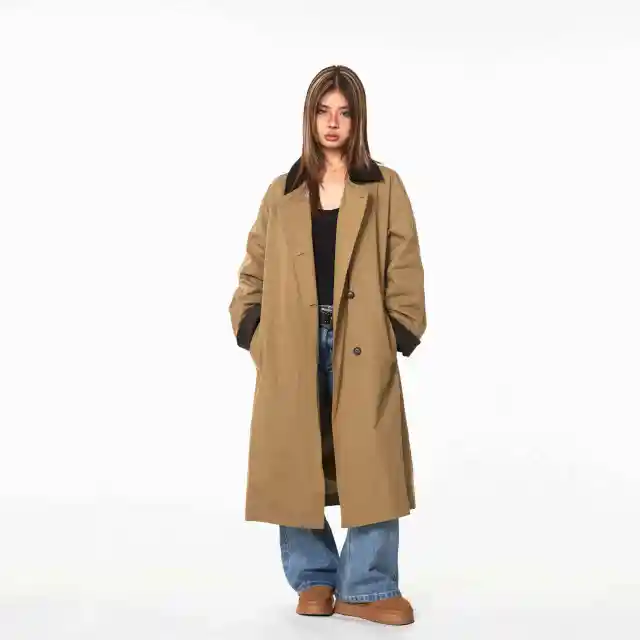 Loose Casual Mid length Color Contrast Patchwork Lapel Trench Coat Dark Coffee Color - Shop at LoveMi