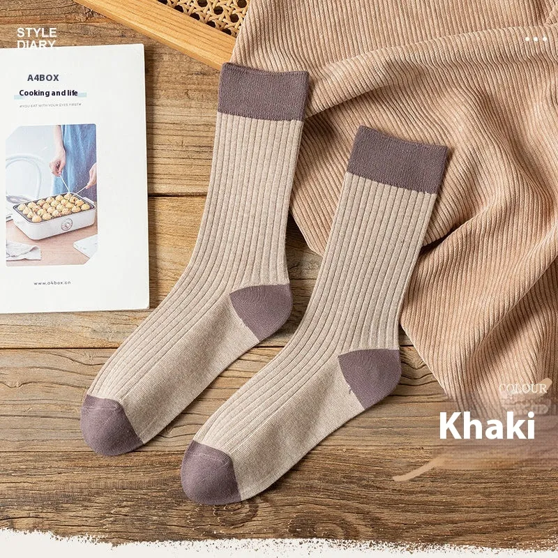 Women's Versatile Mori Mid-calf Contrast Color Bunching Socks - Khaki