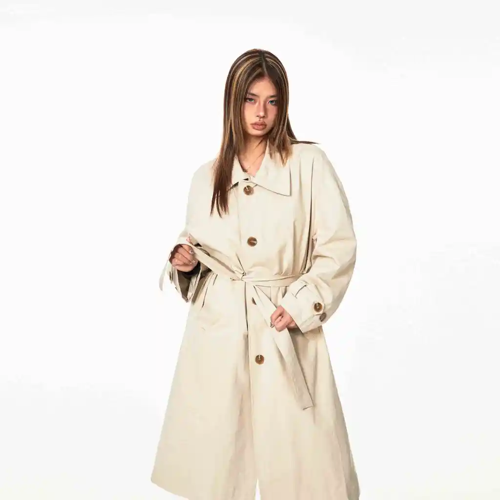 Vintage Single-breasted Belt Long Trench Coat - Beige