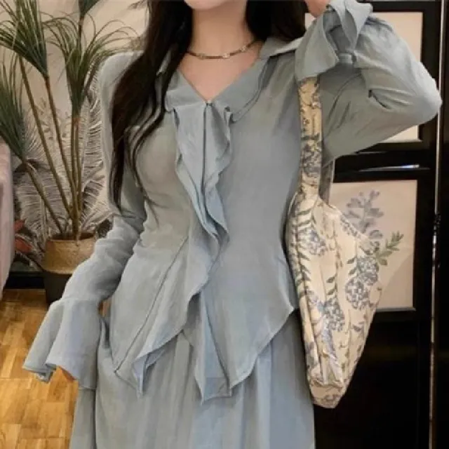 French Vintage Ruffled Long Sleeve Shirt Outfit Water Green Top - Shop at LoveMi