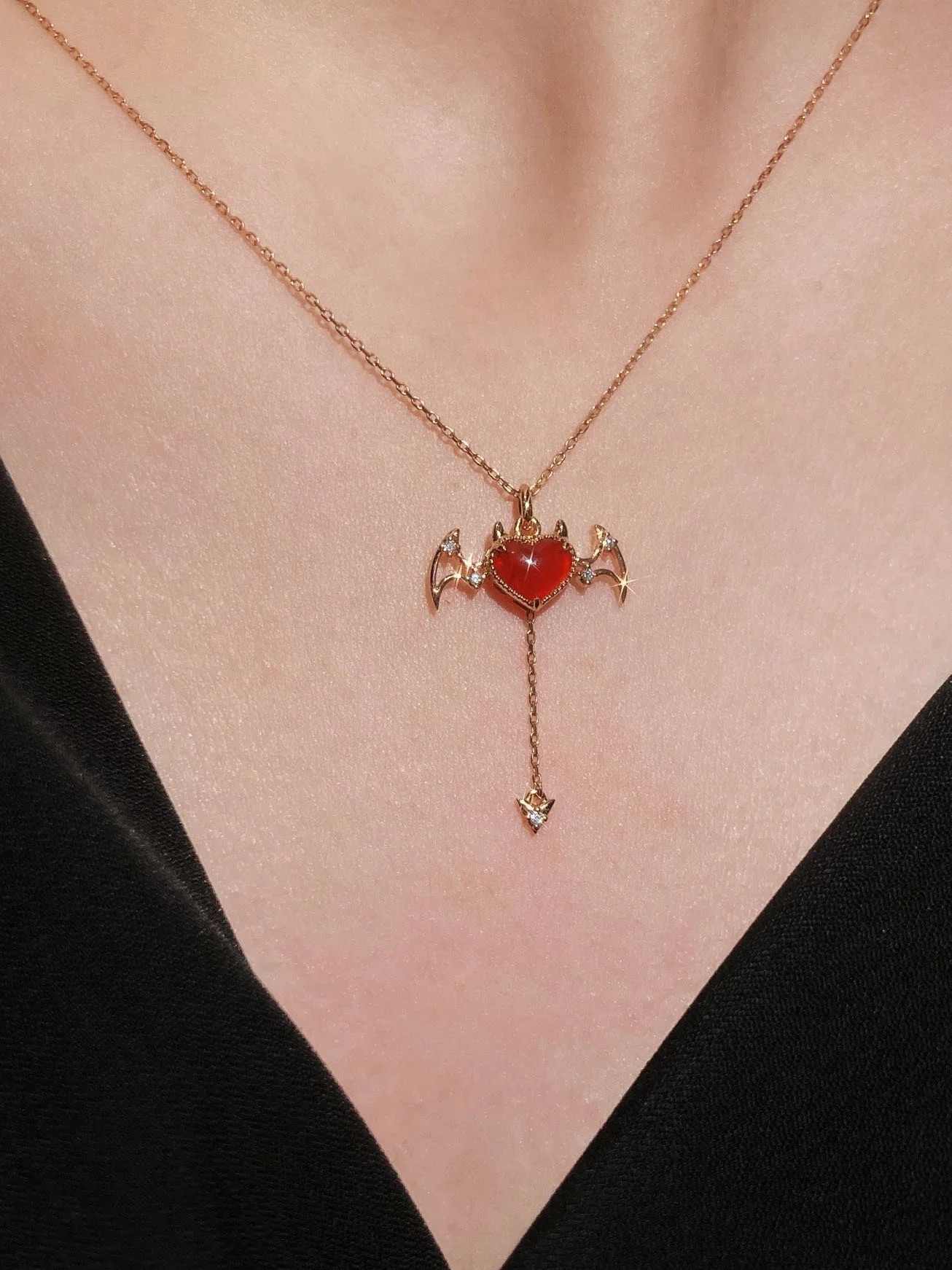 Demonheart Red Agate Necklace With Wings 925 Sterling Silver Clavicle Chain