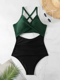 Sexy Cutout Cross Colour Matching Swimsuit - Dark Green Black - View 1