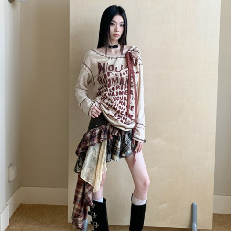 Lace Printed Loose Top Long-sleeved T-shirt Patchwork Plaid Irregular Skirt
