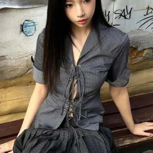 Sweet Cool Girl Style Striped Printed Hollow Personality Niche V neck Lace Up Half Sleeve Outer Shirt Black - Shop at LoveMi