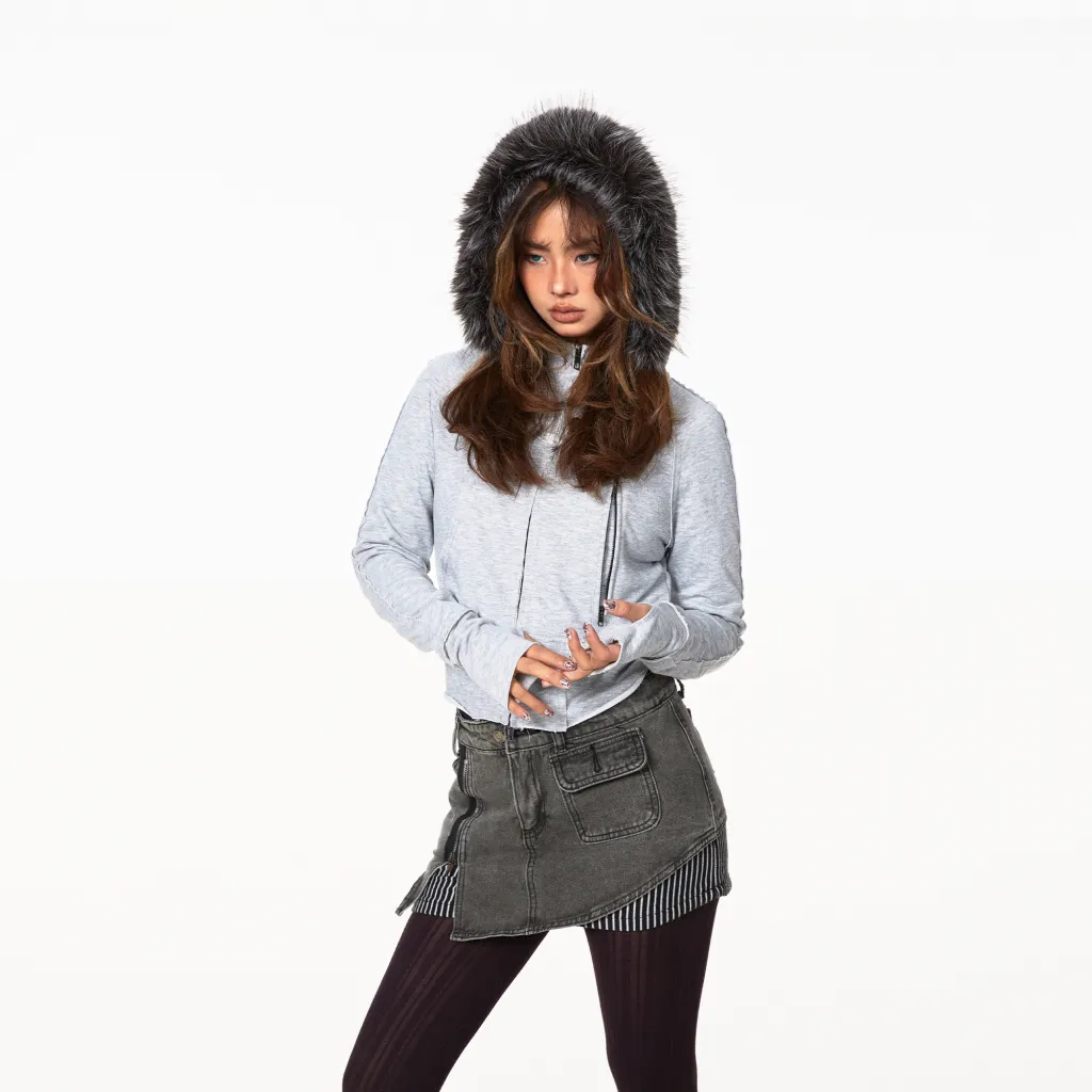 Hooded Cardigan Fur Collar Sweater Zipper Pocket Short Coat - Gray