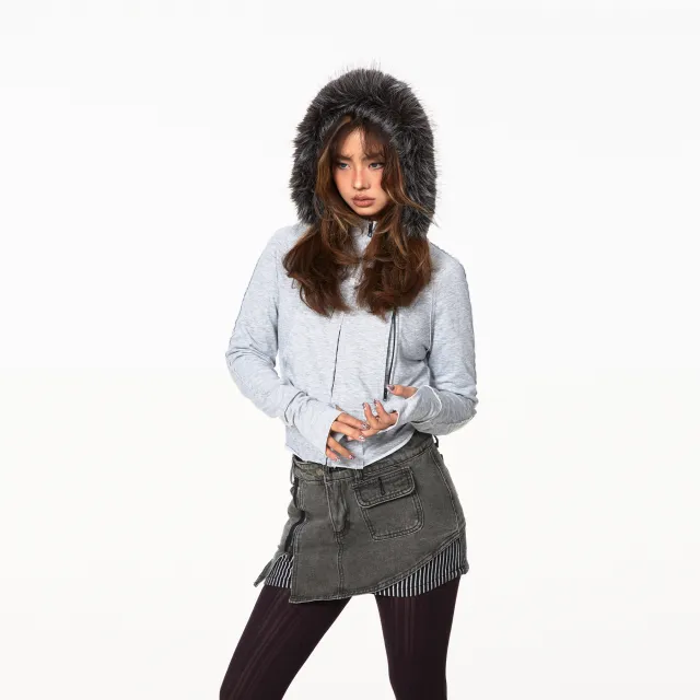 Hooded Cardigan Fur Collar Sweater Zipper Pocket Short Coat Gray - Shop at LoveMi
