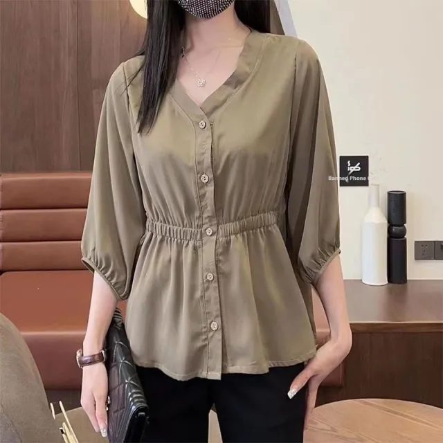 Women's Casual Simple Waist Cinched Seven Quarter Sleeve Shirt Brown - Shop at LoveMi