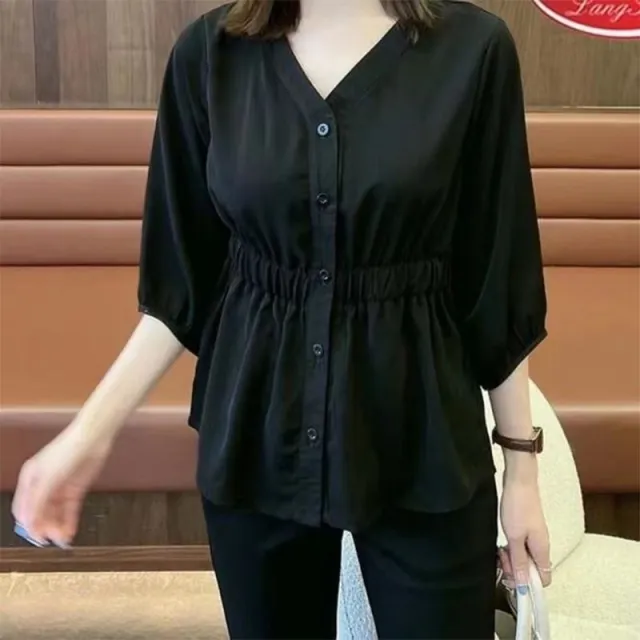 Women's Casual Simple Waist Cinched Seven Quarter Sleeve Shirt Black - Shop at LoveMi