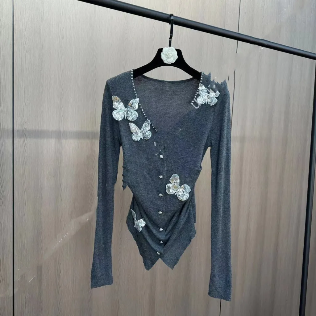 Single Row Diamond Buckle Pinch Pleated Waist-tight Wool Cardigan - Dark Grey