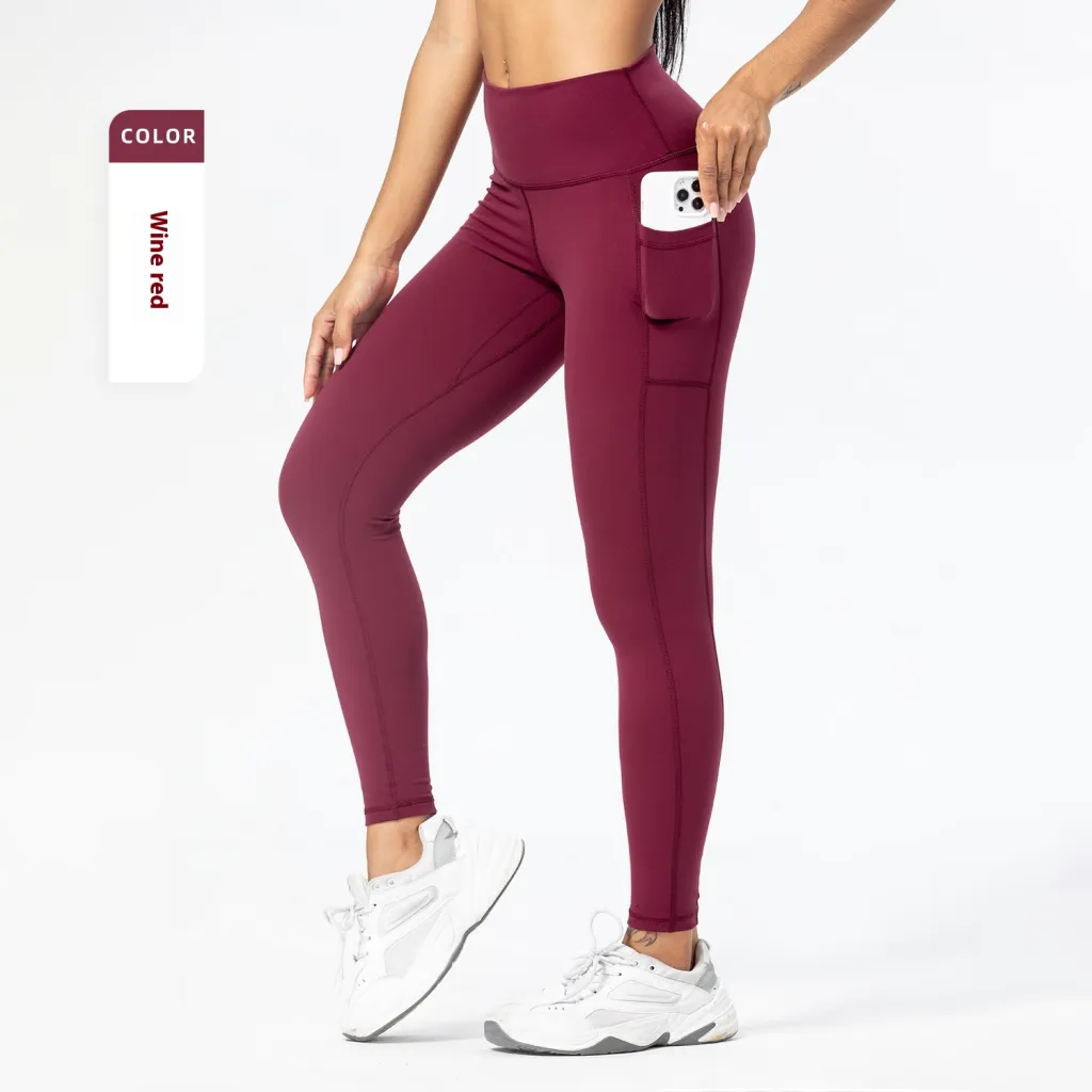 Women's Slim-fit Pocket High Waist Workout Sports Yoga Pants - Wine