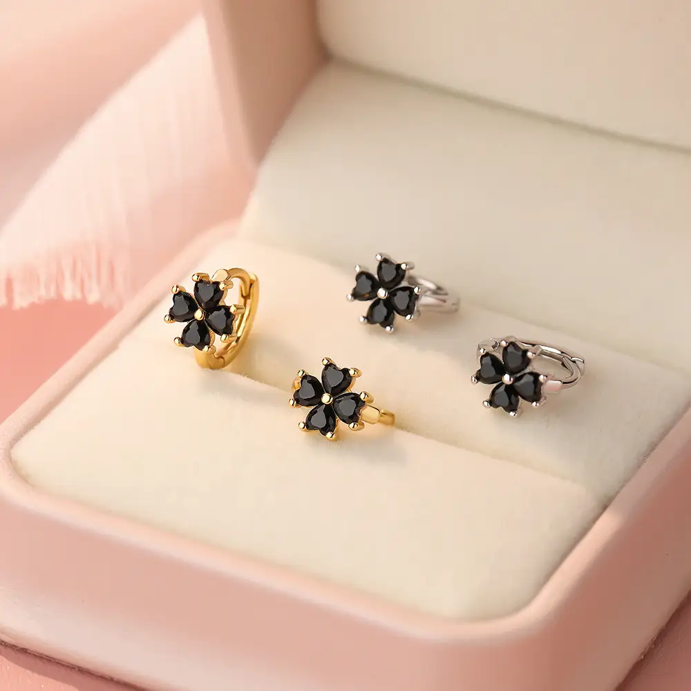 Sterling Silver Clover Hoop Earrings with Cubic Zirconia