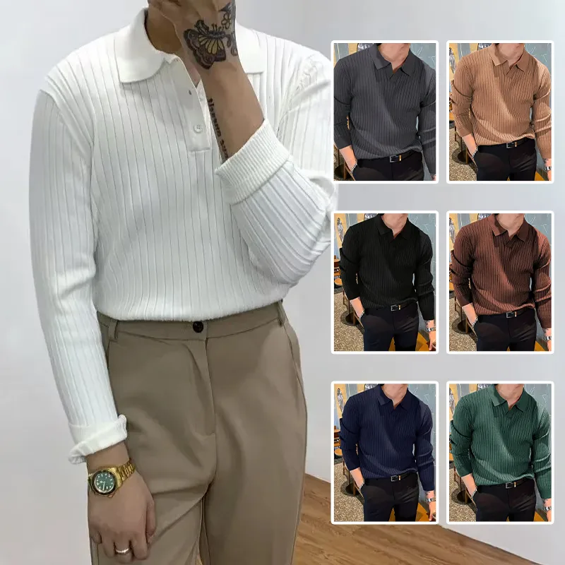 Lapel Texture Stretch Slim Knit Polo Shirt Men Fashion