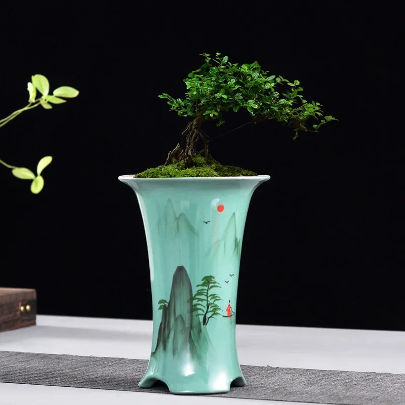 Ceramic Orchid Flower Pot Round High Chinese Style Traditional Orchid Basin