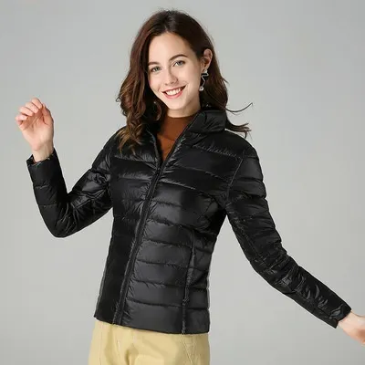 Short Light And Thick Thermal Slim Fit White Duck Down Fashionable Jacket Black Stand Collar - Shop at LoveMi