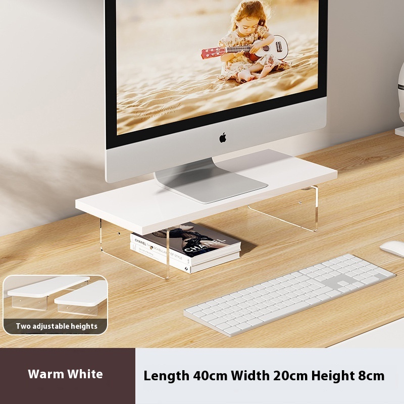 Acrylic Wood Board Computer Riser Office Desktop Storage Rack – White 40CM