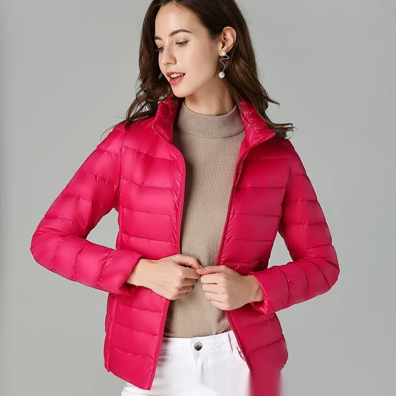 Short Light And Thick Thermal Slim Fit White Duck Down Fashionable Jacket - Rose Red Stand Collar