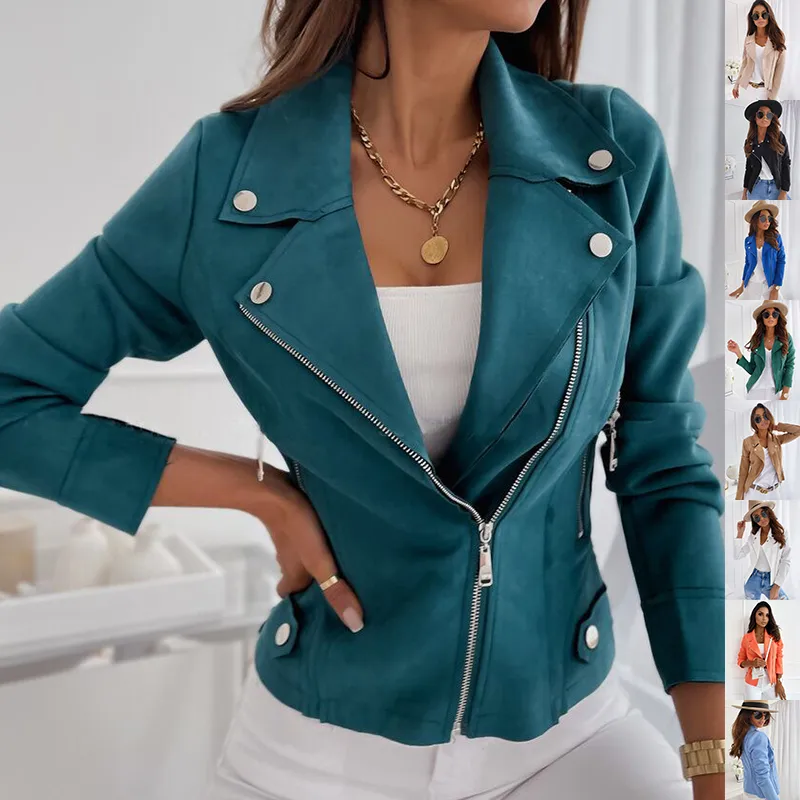 Zip-up Lapel Jacket with Pockets Fashion Long Sleeve Short