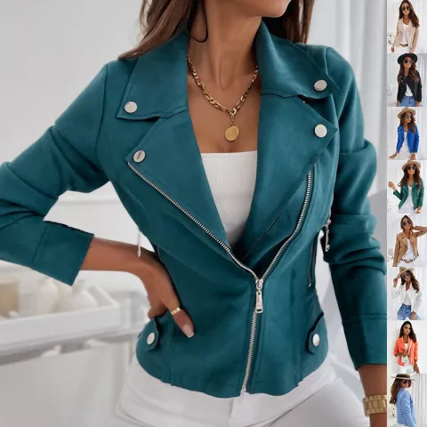 Zip-up Lapel Jacket with Pockets Fashion Long Sleeve Short