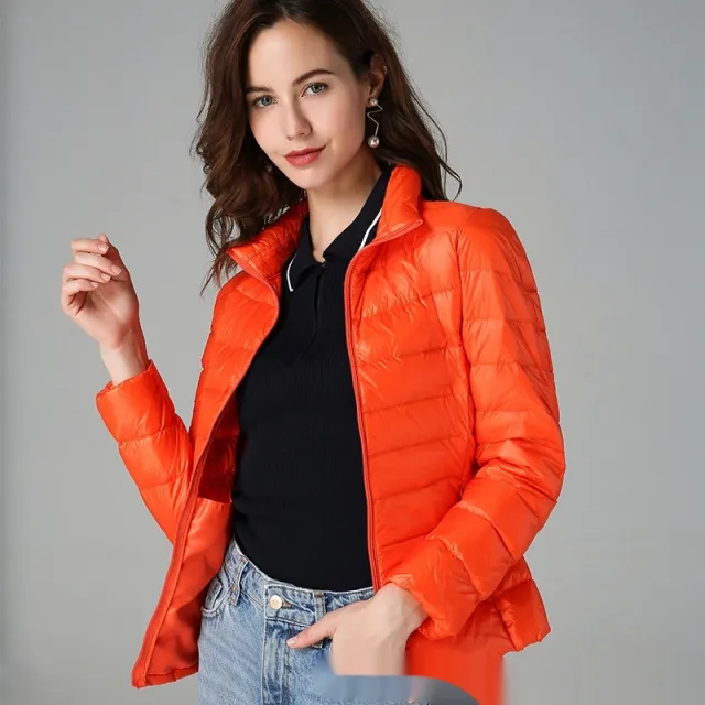 Short Light And Thick Thermal Slim Fit White Duck Down Fashionable Jacket Orange Stand Collar - Shop at LoveMi
