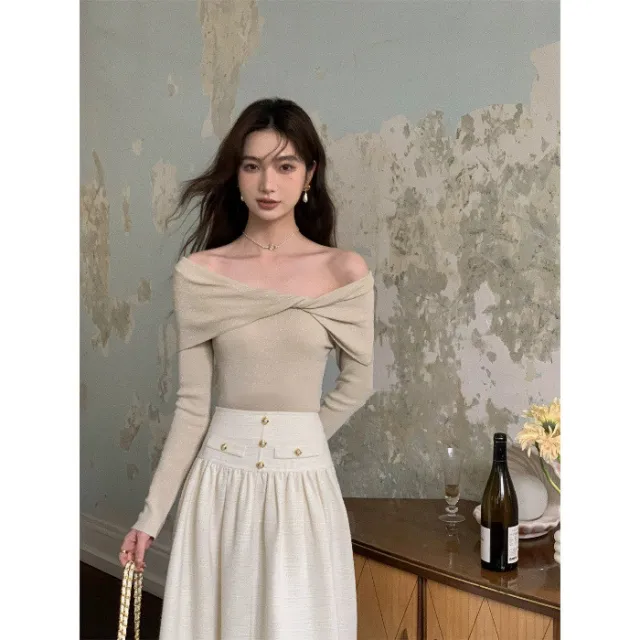 Women's Off shoulder Slim fit Temperament Top Khaki - Shop at LoveMi