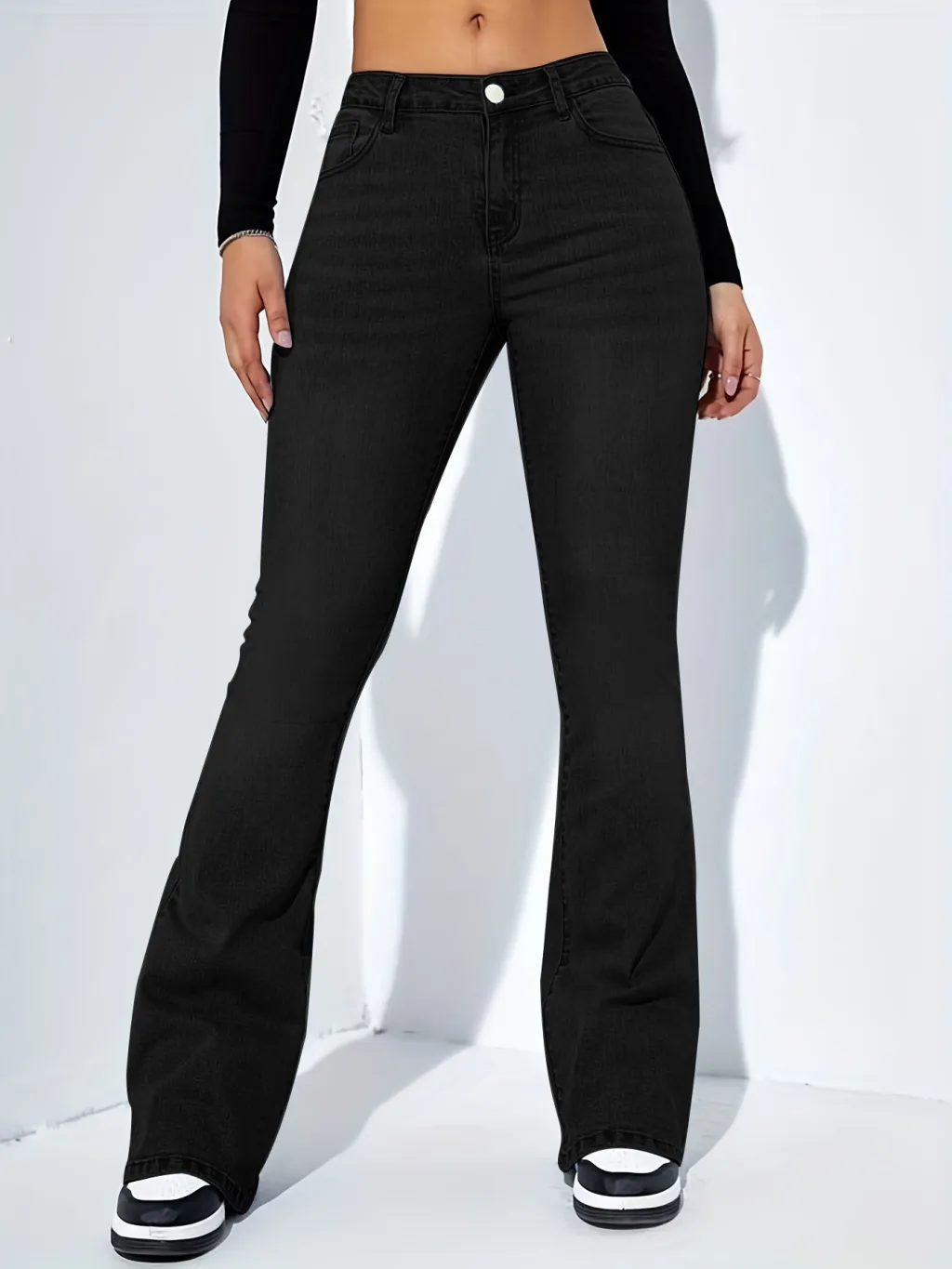 Women's Slim-fit Jeans Pants With Flared Design Fashion Casual High Waist Stretch Trousers - Black