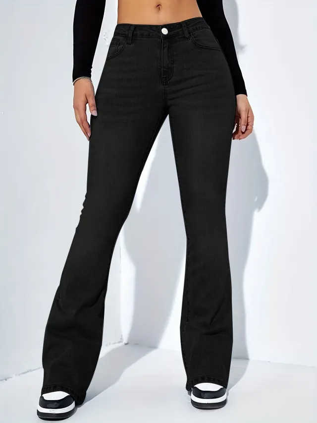 Women's Slim fit Jeans Pants With Flared Design Fashion Casual High Waist Stretch Trousers Black - Shop at LoveMi