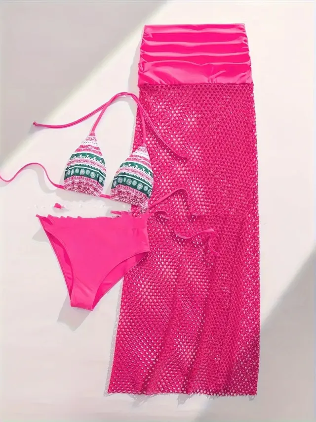 European And American Sexy Bikini Fishnet Long Skirt Three piece Set For Women Rose - Shop at LoveMi