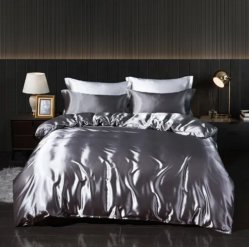 Solid Color Double sided Silk Four piece Set Silkworm Silk Satin Bed Sheet Quilt Cover Silver Gray - Shop at LoveMi