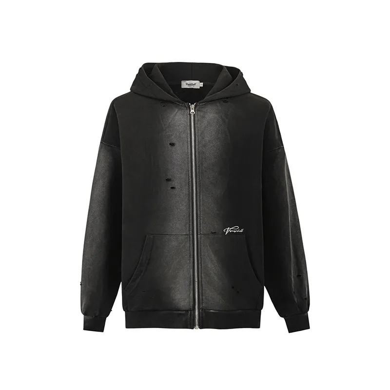 Women's Simple Printed Hole Hoodie Coat - Black
