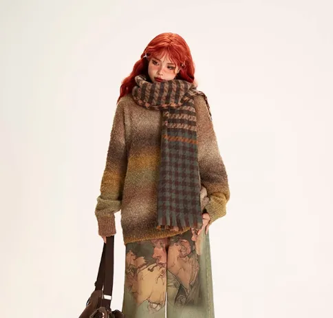 Colorful Striped Wool Ball Warm Scarf Denim Blue - Shop at LoveMi
