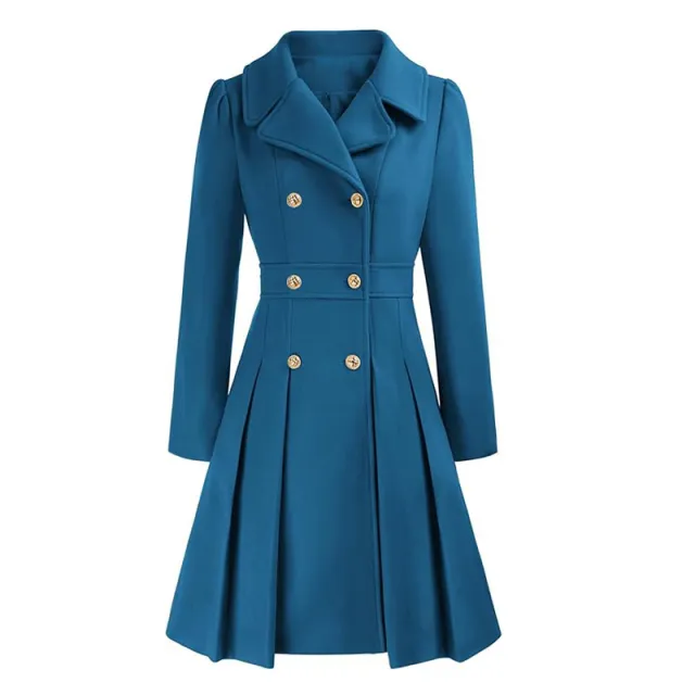 Women's Windbreaker Lapel Double Breasted Pocket A Line Pea Coat Peacock Blue - Shop at LoveMi